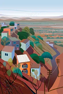 Houses and natural landscape on a Mountain Illustration Houses and natural landscape on a Mountain Illustration