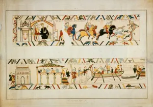 Prints of In a scene from the Bayeux Tapestry, Harold Godwinson (the future King Harold II) confers with King Edward the Confessor (c.1003 - 1066) before sailing from Bosham, 1064 Related Prints: Print of Harold Godwinson confers with King Edward the Confessor
