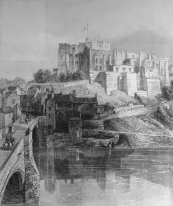 Prints of Durham Castle and Framwellgate Bridge, Durham, County Durham, circa 1820. Engraving by J. H. Le Keux after R. W. Billings, early 19th century print. (Photo by Hulton Archive/Getty Images) County Durham Prints: Durham Castle and Framwellgate Bridge Print, circa 1820