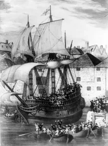 Prints of Boatloads of people waving farewell to the Mayflower as she leaves Plymouth for America, 6th September 1620. Original Artwork: After Gustave Alaux.(Photo by Hulton Archive/Getty Images) Plymouth Prints: Farewell Mayflower Print