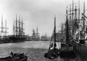 Prints of circa 1905: A view of tall masted shipping in Queens dock, Liverpool. (Photo by Hulton Archive/Getty Images) Liverpool Prints: Queens Dock Print circa 1905: Tall Masted Shipping in Liverpool
