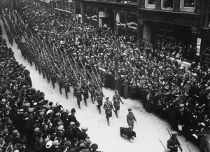 Royal Fusiliers 1914 Print: Soldiers Marching Along a British Street