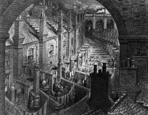 Prints of The backyards of a row of terraced houses in a slum area of London. Over London by Rail by Gustave Dore (Photo by Rischgitz/Getty Images) Slums Prints: Fine Art Storehouse Print of London Slum Gardens