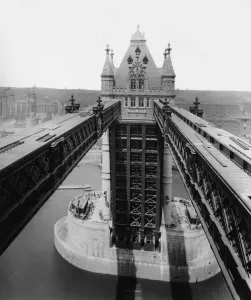 Prints of circa 1894: Upper level of Tower Bridge London with bascules up. The Tower of London can be seen in the background. (Photo by London Stereoscopic Company/Getty Images) World Famous Bridges Prints: Tower Bridge London Print circa 1894