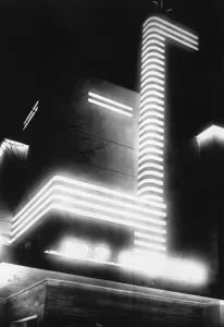 Prints of circa 1930: The Steglitz Cinema in Berlin lit by Art-Deco neon lights. (Photo by General Photographic Agency/Getty Images) Embrace The Elegance: Art Deco Poster Art Collection: Print of Steglitz Cinema in Berlin, circa 1930