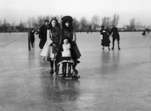 Prints of 1st January 1907: Children enjoying themselves on the ice at Littleport, near Ely. (Photo by Topical Press Agency/Getty Images) Ely Prints: Littleport Skaters 1907 Print