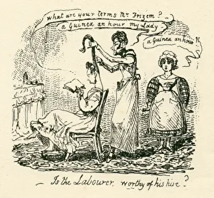 Humour costly hair styling 19th century cartoon Humour costly hair styling 19th century cartoon