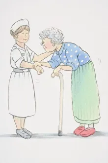 Hunched elderly woman leaning on a walking stick and holding on to wrist of smiling nurse, side view Hunched elderly woman leaning on a walking stick and holding on to wrist of smiling nurse, side view