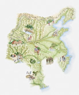 Illustrated map of ancient Chinese empire showing monuments, workers and warriors Illustrated map of ancient Chinese empire showing monuments, workers and warriors