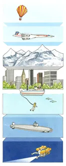Illustration of air pressure on hot air balloon, supersonic aeroplane, mountain Illustration of air pressure on hot air balloon, supersonic aeroplane, mountain