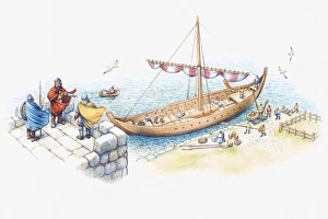 Illustration of one of Alfred the Greats ships moored on coastline to guard against Illustration of one of Alfred the Greats ships moored on coastline to guard against
