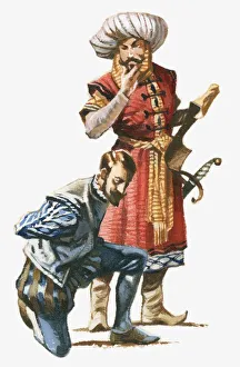 Illustration of Algerian corsair standing over Cervantes who is kneeling with hands tied Illustration of Algerian corsair standing over Cervantes who is kneeling with hands tied