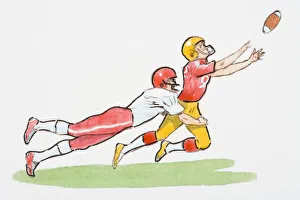 Illustration of American football player tackling opponent in mid-air as he reaches for ball Illustration of American football player tackling opponent in mid-air as he reaches for ball