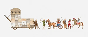 Illustration of ancient Assyrian army, battering ram pushed by men, followed by archers Illustration of ancient Assyrian army, battering ram pushed by men, followed by archers
