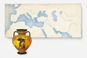 Illustration of ancient Greek urn in front of map showing the wider area where Greek pottery has been found Illustration of ancient Greek urn in front of map showing the wider area where Greek pottery has been found