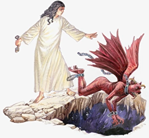 Illustration of angel looking on as red dragon with seven head disappears through hole in Illustration of angel looking on as red dragon with seven head disappears through hole in