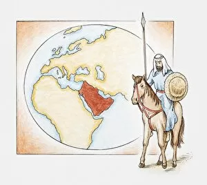 Illustration of an Arab man on horseback in front of a map of ancient Arabia