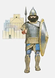 Illustration of Assyrian soldier holding spear and shield in front of building Illustration of Assyrian soldier holding spear and shield in front of building