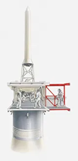 Illustration of astronauts entering Apollo 11 command module at the top of the Saturn V rocket Illustration of astronauts entering Apollo 11 command module at the top of the Saturn V rocket