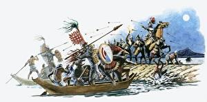 Illustration of Aztec warriors offshore in canoes and Cortez on land throwing spears at Illustration of Aztec warriors offshore in canoes and Cortez on land throwing spears at