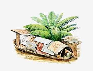 Illustration of Bangkok houseboat with corrugated iron roof Illustration of Bangkok houseboat with corrugated iron roof