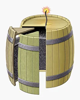 Illustration of barrel containing gunpowder with fuse lit Illustration of barrel containing gunpowder with fuse lit