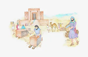 Illustration of a bible scene, 2 Kings 12, Temple of Solomon is repaired by King Josiahs Illustration of a bible scene, 2 Kings 12, Temple of Solomon is repaired by King Josiahs
