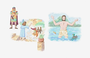 Illustration of a bible scene, 2 Kings 5, Soldier Naaman has his sores cured when Elisha Illustration of a bible scene, 2 Kings 5, Soldier Naaman has his sores cured when Elisha