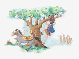 Illustration of a bible scene, 2 Samuel 18, Absaloms hair is caught in a tree fleeing Illustration of a bible scene, 2 Samuel 18, Absaloms hair is caught in a tree fleeing