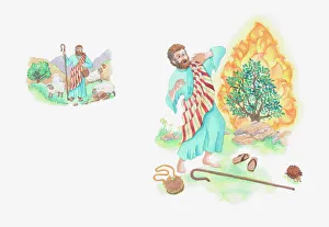 Illustration of a bible scene, Exodus 3, Moses and the Burning Bush, God reveals himself to Moses Illustration of a bible scene, Exodus 3, Moses and the Burning Bush, God reveals himself to Moses