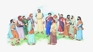 Illustration of a bible scene, John 1, Jesus chooses 12 disciples Illustration of a bible scene, John 1, Jesus chooses 12 disciples