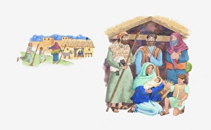 Illustration of a bible scene, Luke 2, the shepherds travel to Bethlehem to see baby Jesus Illustration of a bible scene, Luke 2, the shepherds travel to Bethlehem to see baby Jesus