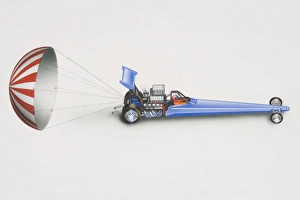 Illustration, blue drag racing car with released parachute at the back, side view Illustration, blue drag racing car with released parachute at the back, side view