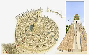 Illustration of Borobodur situated on hill in Java, and Temple of the Giant Jaguar in Illustration of Borobodur situated on hill in Java, and Temple of the Giant Jaguar in