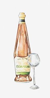 Illustration of bottle of French wine and wine glass Illustration of bottle of French wine and wine glass