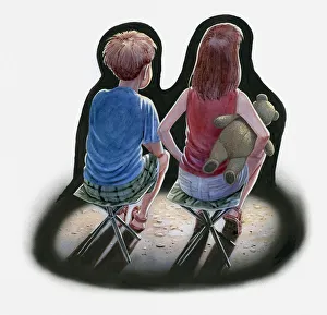 Illustration of boy and girl sitting side by side on fold-away stools, the girl with a teddy under her arm, rear view Illustration of boy and girl sitting side by side on fold-away stools, the girl with a teddy under her arm, rear view