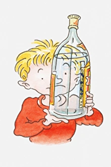 Illustration of boy holding a bottle of alcohol up to his face Illustration of boy holding a bottle of alcohol up to his face