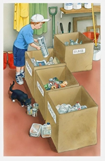 Illustration of boy placing newspaper in paper container Illustration of boy placing newspaper in paper container