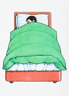 Illustration of boy sleeping in bed below green duvet Illustration of boy sleeping in bed below green duvet