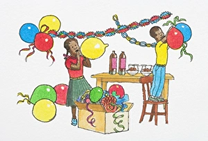 Illustration of boy standing on chair to hang party balloons from streamers and girl inflating balloon Illustration of boy standing on chair to hang party balloons from streamers and girl inflating balloon