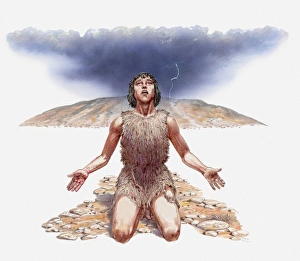 Illustration of Cain on knees, having a mark put on his face, Book of Genesis Illustration of Cain on knees, having a mark put on his face, Book of Genesis