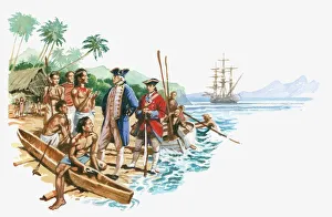 Illustration of Captain Cook arriving in Hawaiian islanders with canoes greeting Captain Illustration of Captain Cook arriving in Hawaiian islanders with canoes greeting Captain