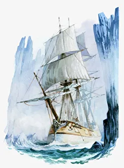 Illustration of Captain Cooks ship HMS Resolution in icy waters of Antarctic Circle Illustration of Captain Cooks ship HMS Resolution in icy waters of Antarctic Circle