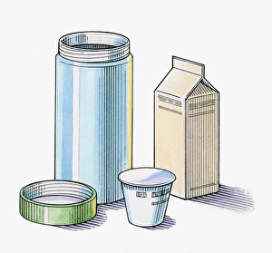 Illustration of carton of milk, pot of yoghurt, drinks flask. and lid Illustration of carton of milk, pot of yoghurt, drinks flask. and lid