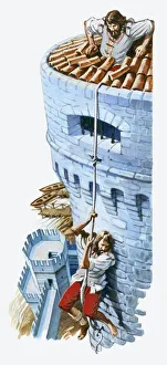 Illustration of Cellini escaping from Roman fortress prison using rope made from tied Illustration of Cellini escaping from Roman fortress prison using rope made from tied