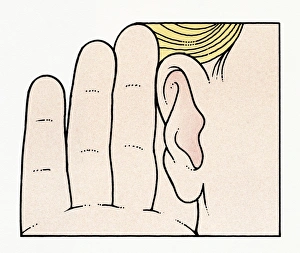 Illustration of childs hand held up to ear Illustration of childs hand held up to ear