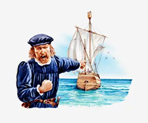 Illustration of Christopher Columbus shouting, shaking his fist and pointing at ship Illustration of Christopher Columbus shouting, shaking his fist and pointing at ship