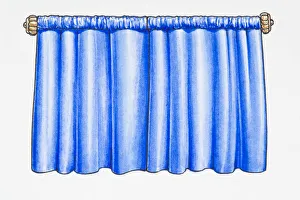 Illustration of closed blue curtains on curtain rail Illustration of closed blue curtains on curtain rail