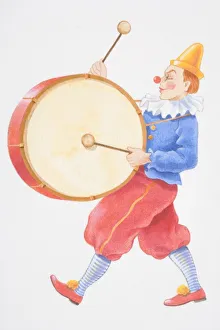 Illustration, clown banging large round drum while walking Illustration, clown banging large round drum while walking
