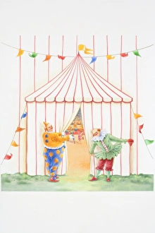 Illustration, two clowns holding back curtain in entrance to circus tent with inviting Illustration, two clowns holding back curtain in entrance to circus tent with inviting